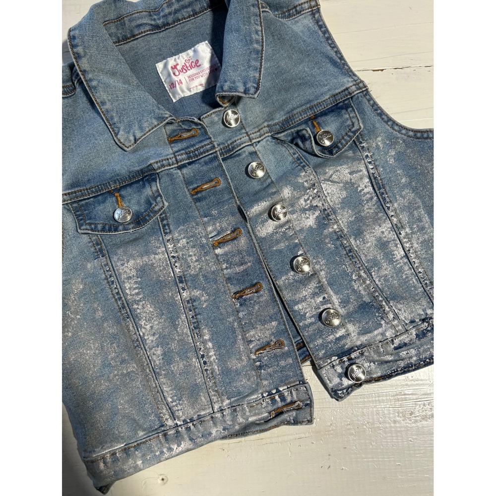 Justice Girls Silver Metallic Foil Denim Vest Light Wash Blue Size 12/14 Shimmer